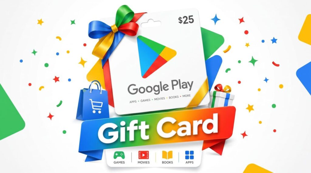 Google Play 25 dollar gift card with shopping bag and gift box