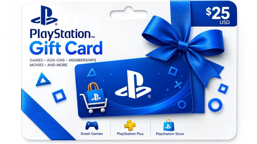 A $25 physical PlayStation gift card voucher with a blue ribbon for purchasing games and PlayStation Plus memberships.