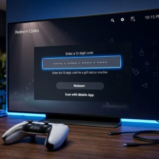 A complete guide on how to redeem a PlayStation gift card code on a PS5 console screen in a gaming setup.