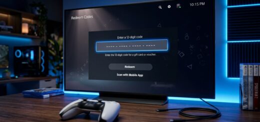 A complete guide on how to redeem a PlayStation gift card code on a PS5 console screen in a gaming setup.