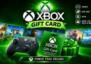 Xbox Gift Card promotional banner featuring a black wireless controller, digital gift card, and video game artwork.