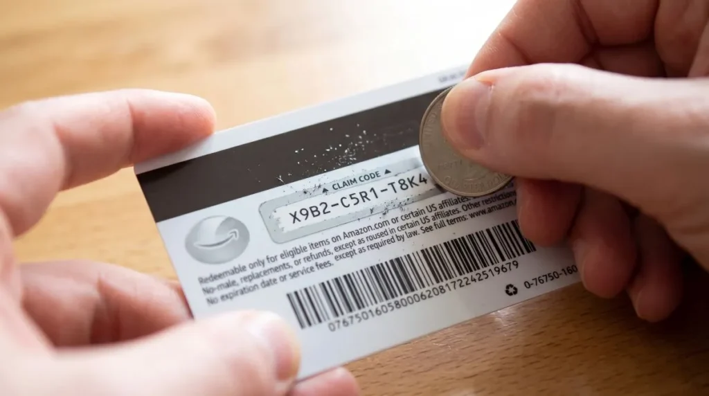 Scratching the back of an Amazon gift card to reveal the claim code