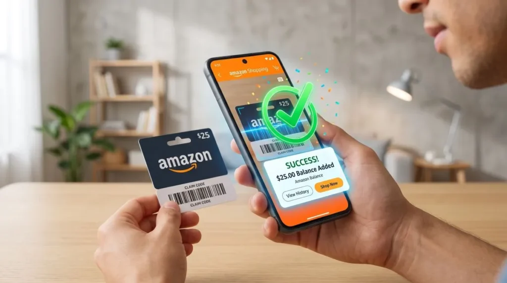 Person scanning an Amazon gift card using a mobile phone camera