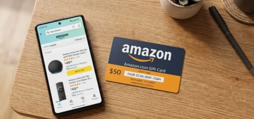 Amazon gift card and smartphone showing the Amazon app on a desk