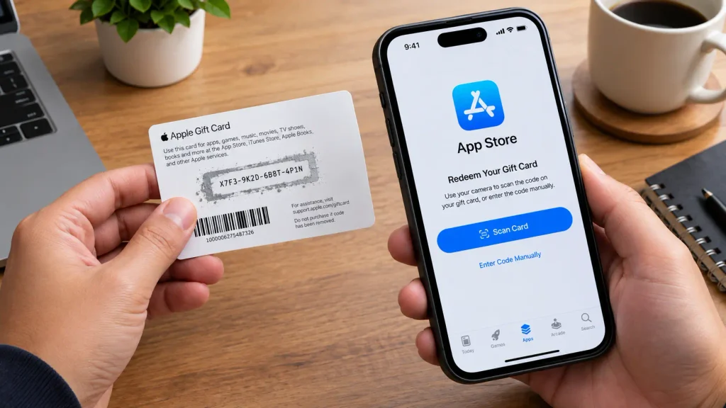 Scanning a 16-digit Apple iTunes gift card code using an iPhone camera to redeem balance instantly.