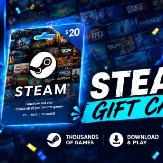 A promotional banner for a $20 Steam Gift Card surrounded by gift boxes, confetti, and a background of popular video games.