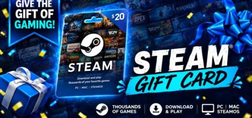 A promotional banner for a $20 Steam Gift Card surrounded by gift boxes, confetti, and a background of popular video games.